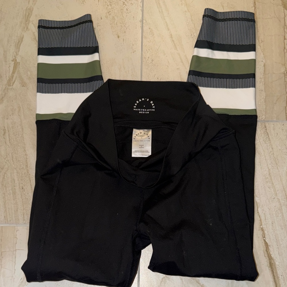 Sarah’s day and white fox black Leggings with Olive & White Striped Cuffs